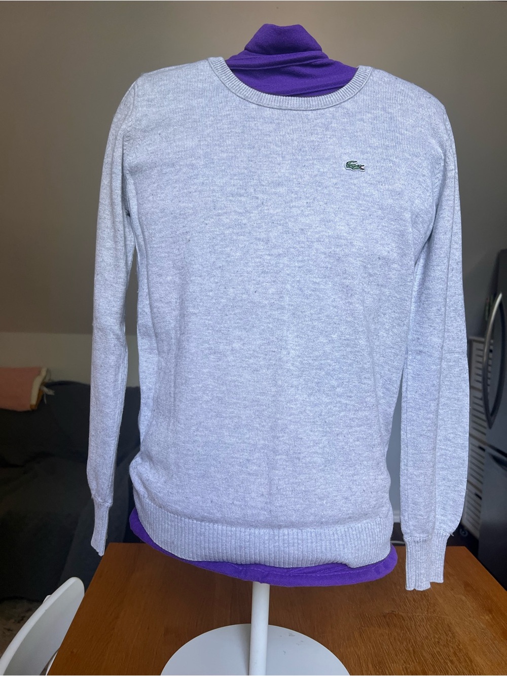 Lacoste womens Light Gray Crewneck Sweater with Green Crocodile Logo